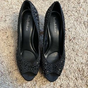 Kelly & Katie Black Open Toe Studded Kitten Heels